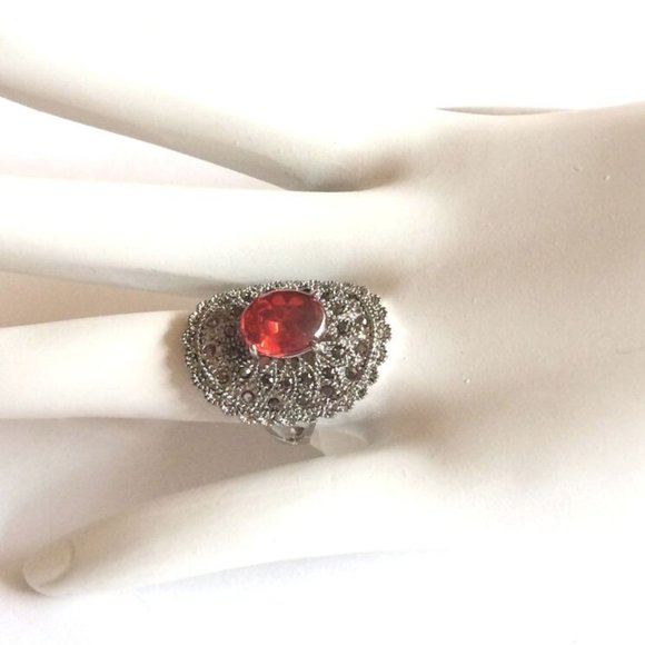 Art Deco Ruby Marcasite Cocktail Ring Size 6 7 Silver Rhodium Plated Simulated - Picture 3 of 12